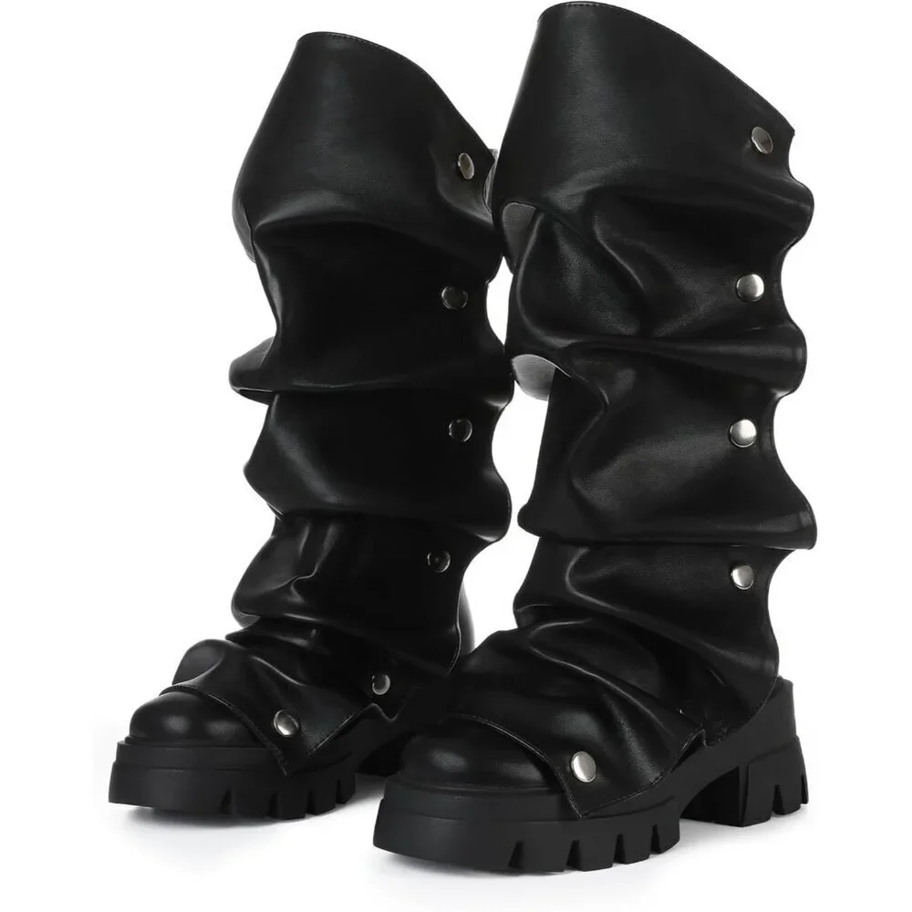 Women's Black Pu Fold Over Knee Slouchy Ruched Stacked Heel Round Toe Boots